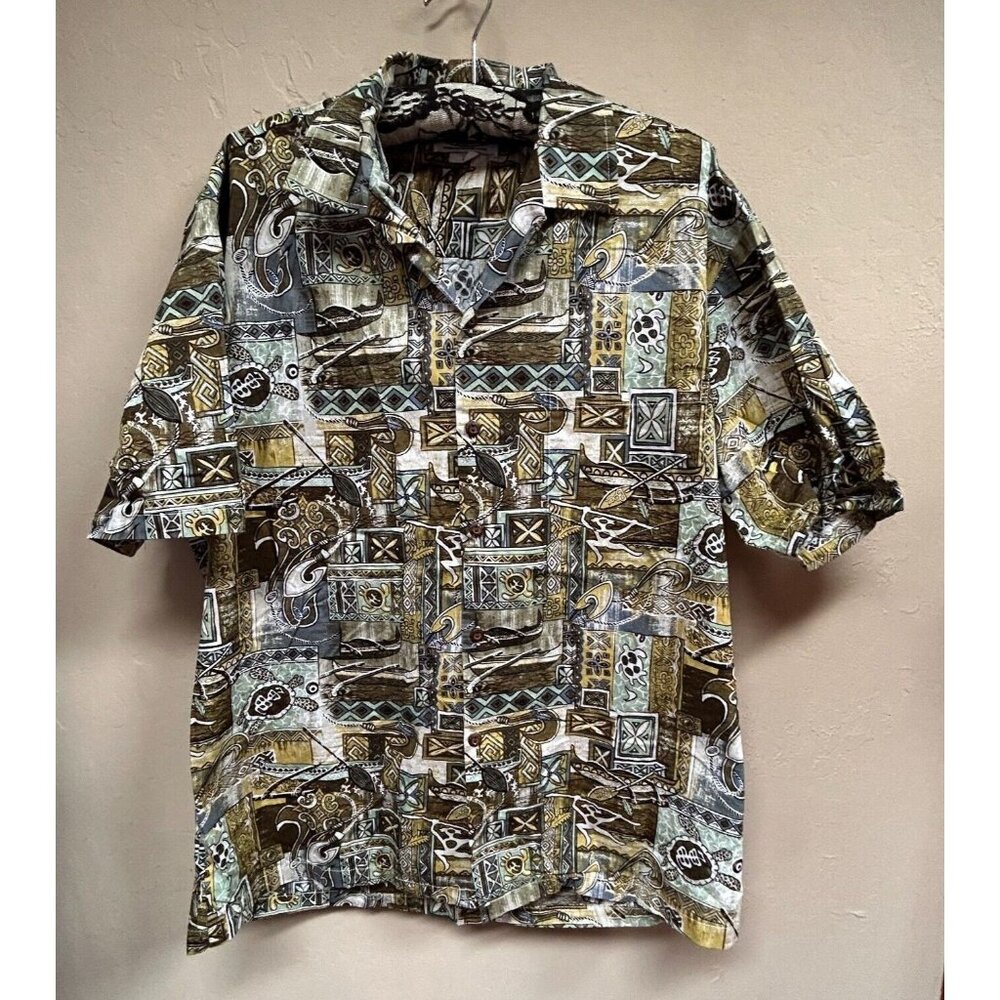 Pacific Legend Canoe Sage Cotton Men's Hawaiian Shirt Large Short Sleeve USA